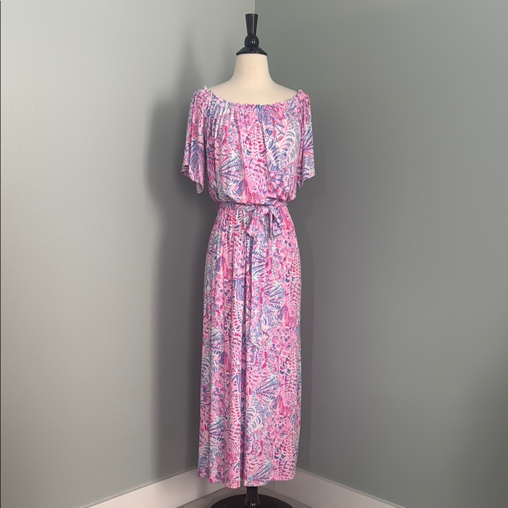 Lilly Pulitzer Pink and White Ruffled Off-Shoulder Maxi Dress